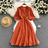 Women Green/Orange/White Hollow Out Midi Dress Elegant V-Neck Puff Short Sleeve High Waist Party Robe Female Vestido