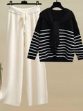 Winter Knitwear Two Piece Sets For Women Outfits Korean Casual Striped Knitted Sweater And Wide Leg Knitting Pants