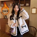 Sweet Faux Lamb Wool Coat Women Thick Bow Patchwork Jacket Winter Vintage Korean Elegant Faux Fur Casual Outerwear