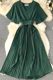 Women Purple/Red/Green Bandage Pleated Midi Dress Female Vintage V-Neck Short Sleeve High Waist A-Line Draped