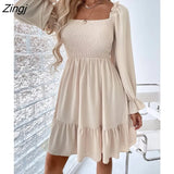 Fashion Women A-line Dresses 2021 Fall New Solid Hedging Square Collar Ruffle Sleev High Waist Folds Backless Midi