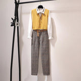 Yellow Girl 3 Piece Set Women Office Work Ladies Suits Fall Winter Outfits Casual Korean Style Vest Shirt Pants