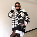 2020 Woman Sweaters Lapel Houndstooth Oversize Vintage Pullover Women Dropped Sleeve Winter Pull Femme Chic Tops