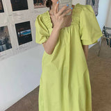 Retro Square Collar Dress Women Holiday Puff Short Sleeve Folds Backless A Line Midi Dress Beach Casual Lace Up