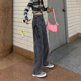 Jeans Women Harajuku Y2K Streetwear Straight Trousers Fashion Female Gothic High Waist Chic Side Lace Wide Leg Denim