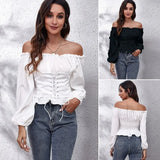 Long Sleeve White Shirt Casual Chiffon Blouse Sweet Front Tie Back Rubber Band Pleated Slash Neck Tops Elegant New