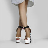 Onlymaker Women's Sandals Platform Peep Toe Chunky Square Heels Ankle Strap Sandals Black And White Stripes Party Fashion