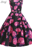 Women Summer Floral Beach Sleeveless Party Midi with Belt Elegant Vintage A Line