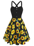 Women Dress Sunflower Print Mock Button Criss Cross Dress Fashion Vacation Daily Sleeveless A-Line Party