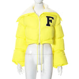New Turn-down Collar Jacket Women Letter Embroidery Flare Long Sleeve Short Down Coat Drawstring Leisure White