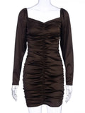 NEW Long Puff Sleeve Slash Neck Satin Pleated Sexy Mini Dress Autumn Winter Women Solid Party Elegant Streetwear