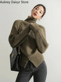 Pullover Sweater Women Irregular Button Design Knitted Sweater Female Korean Fashion Elegant Turtleneck Slit Pullover