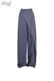 Women Clothing Buttons Irregular Patchwork High Waist Loose Mopping Pants All-match Solid Suit Straight Trousers