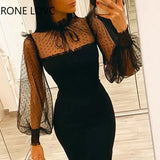Women Elegant Lantern Sleeves Turtleneck Mesh Patchwork Edible Tree Fungus Bodycon Midi Formal Party