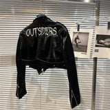 2022 Autumn Moto Style Embroidery Letters Black Bright Pu Faux Leather Jacket Women Coat Belt
