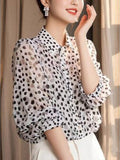Retro Beautiful White Wave Dot Polo Collar Seven-Sleeved Shirt Women's Spring And Summer Yang With Meat Cover