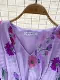 Women Floral Ruffle Pleated Long Dress Vintage V-Neck Short Sleeve High Waist Tierred Maxi Robe Vacation Beach