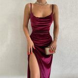 Women 2022 Spaghetti Strap Velvet Party Dresses High Waist Backless V-neck Bodycon Package Hip Evening Prom Dress Red