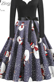 Women Winter Long Sleeve Vintage Christmas Dress Black Red Print V Neck Sexy Xmas Party Dress Robe 3XL Elegant