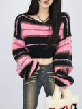 Korean Style Pink Cropped Sweater Women Striped Jumper Vintage Female 2023 Autumn Long Sleeve Crewneck Pullovers Tops