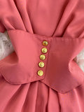 Vintage Women Midi Dress Elegant Pink/Orange/Green Polo Collar Short Sleeve High Waist A-Line Vestidos Female New