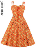 Front Daisy Floral Print Black Women Flare Casual Dresses Spaghetti Strap Summer Vacation Beach Casual Vintage Swing