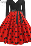 Big Swing Print Vintage Christmas Dress Women Winter Casual Long Sleeve V Neck Sexy New Year Party Dress
