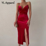 Women 2022 Spaghetti Strap Velvet Party Dresses High Waist Backless V-neck Bodycon Package Hip Evening Prom Dress Red