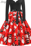 Women Christmas Dress Long Sleeve Vintage Elegant V Neck Print Big Swing Party Xmas New Year Winter Clothes S~3XL
