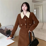 Spring Autumn High Quality Black White Corduroy Jacket Robe Tweed Skirt Two Piece Luxury Black Tweed Jacket Set Office