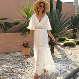 Queens Vintage Women Solid V-neck Short Butterfly Sleeve Ruffles Beach Maxi Dress Ladies Chiffon Lace Hollow Out