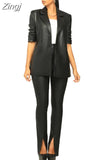 New PU Leather High-end Solid Suit Set Women Of Quality Office Lady 3/4 Sleeve Long Pants Slim Women 2 Piece