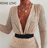 Women Elegant Deep V Neck Long Sleeves Sequins with Sashes Mini Bodycon Sexy Party