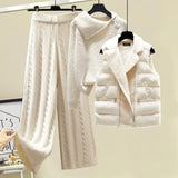 Warm 3 Piece Set Women Pullover Sweater + Wide Leg Pants +Lamb Wool Vest Outfits Knitted Suit Tracksuit Womens