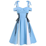 Women Party Dress Cold Shoulder Lace-Up Contrast Flare Dress Short Sleeves Casual Mini Dresses Robe