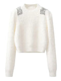 Fall Winter Knitwear Two Piece Sets For Women Outfits Ladies Elegant Diamond Sequined Knitted Sweater And Warm Pants