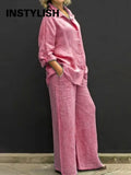 Women Autumn Linen Lapel Shirt Two Pieces Set Vintage Solid Long Sleeve Button Blouse and Loose Straight Pants Casual