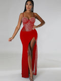 Sexy Blue Rhinestone Crystal Patchwork High Split Maxi Dress New Women Sleeveless Strap Night Clubwear Long