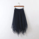 Long Asymmetric Tulle Skirt Women High Waist Pleated Tutu School Irregular Mesh Lace A Line Midi Skater Black