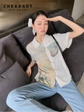 Oil Painting White Button Up Short Sleeve Shirt For Women 2022 Summer Patchwork Designer Top High Fashion