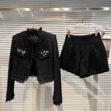 2022 Autumn Long Sleeve Rhinestone Pins Cardigans Tweed Jacket Bright Silk Shorts Two Piece Set Women Outfits