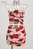 Summer Floral Print Cropped Top+Mini Skirt 2-Piece Set Women Pink Halter Top+Ruched Mini Skirt Suit Party Evening Club