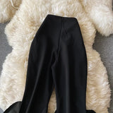 New Fashion Ruffle Flare Pants Black Women Bodycon High Waist Bell-Bottoms Pant Chic Solid Color Trouser