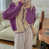Streetwear Knitted Cardigan Women Patchwork Cropped Sweater Coat Korean Knitwear Jackets Casual Harajuku Jumpers