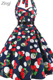 Women Polka Dot Print Summer Dress Sexy Retro White Halter Vintage Dress Robe Femme Pin Up Rockabilly Party