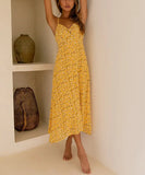Queens Women Yellow Floral Print Sleeveless Beach Bohemian Rayon Dresses Ladies Summer Spaghetti Strap Boho Midi