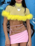 2000s Fashion Rave Patchwork Feather Trim Mesh Tops Y2K Aesthetics Transparent Turtleneck Short Sleeve Tees Party