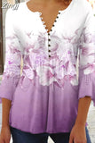 Floral Print Summer Blouse Women Elegant Simple Shirt V Neck Button 3/4 Length Sleeve Casual Holiday Basic Tops