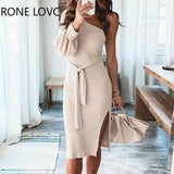 Women Solid Elegant One Shoulder Lantern Sleeve Rib-knit Silt Sashes Bodycon Sexy