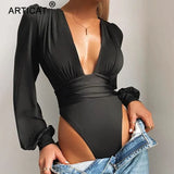 Black Deep V Neck Bodysuit Women Sexy Puff Sleeve Bodycon Jumpsuit Solid Elastic Casual Party Winter Bodysuits Body